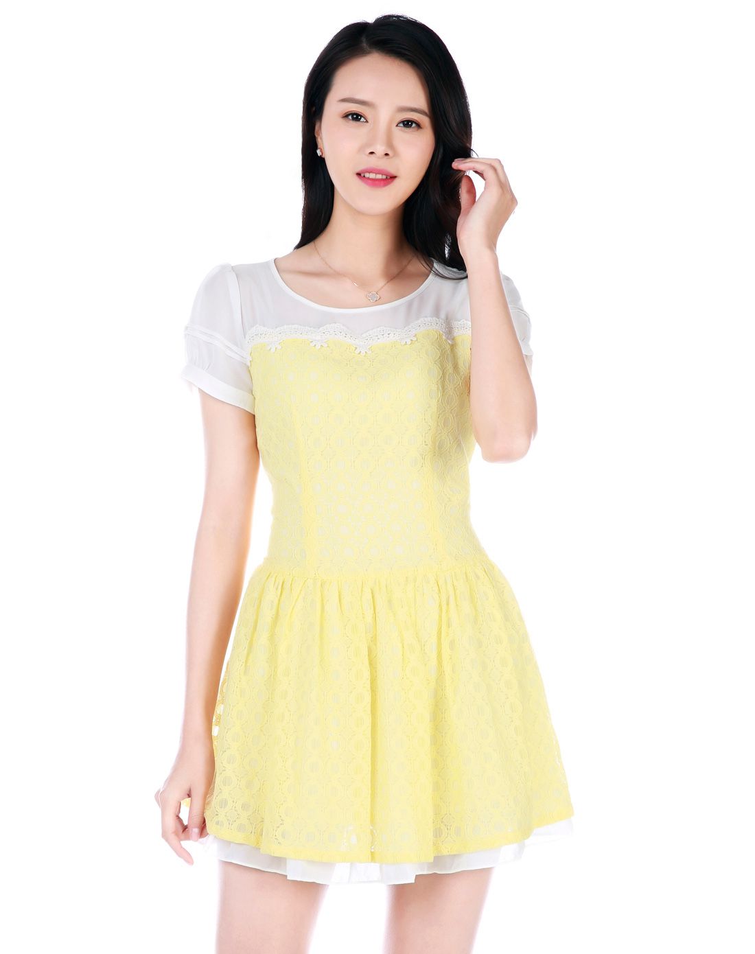女式鹅黄半袖拼接连衣裙
