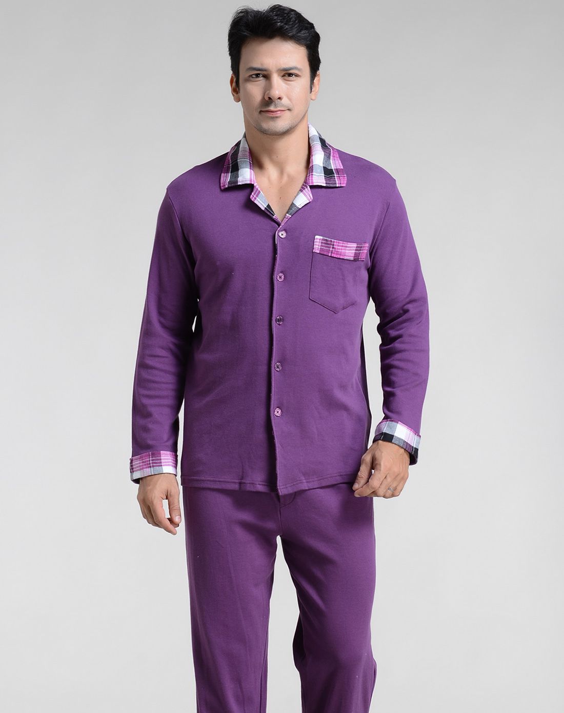 男款紫色棉质针织睡衣套装