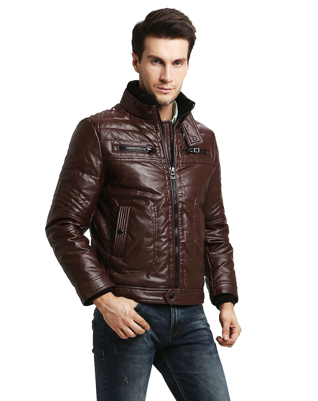 男式深绯色仿皮机车短款羽绒服