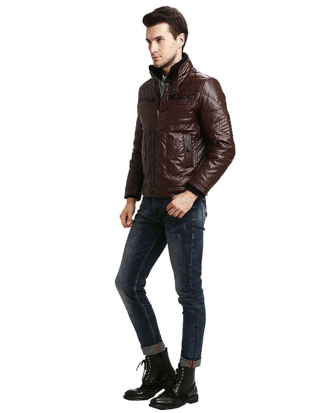 男式深绯色仿皮机车短款羽绒服