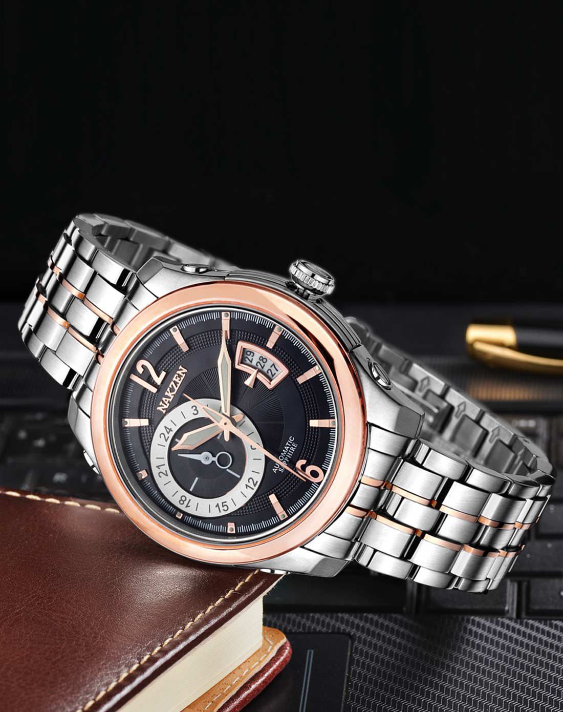 名古城nakzen手表专场 名古城 进口机芯夜光日历24小时计时男士钢带