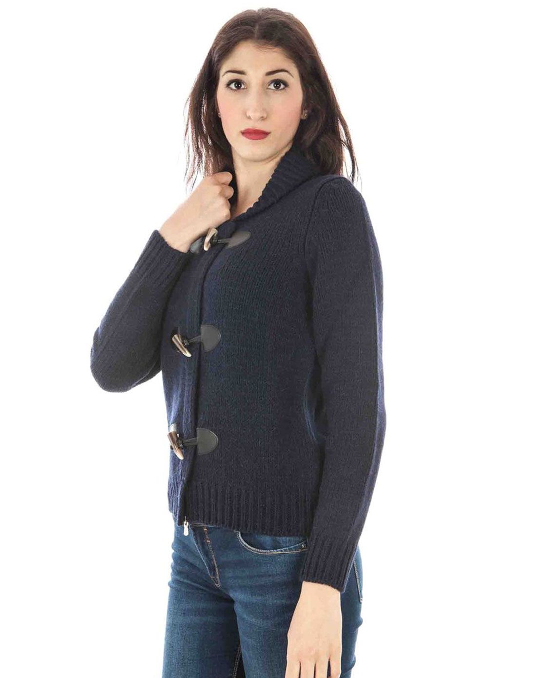 > fred perry 女装蓝色牛角扣时尚长袖针织外套