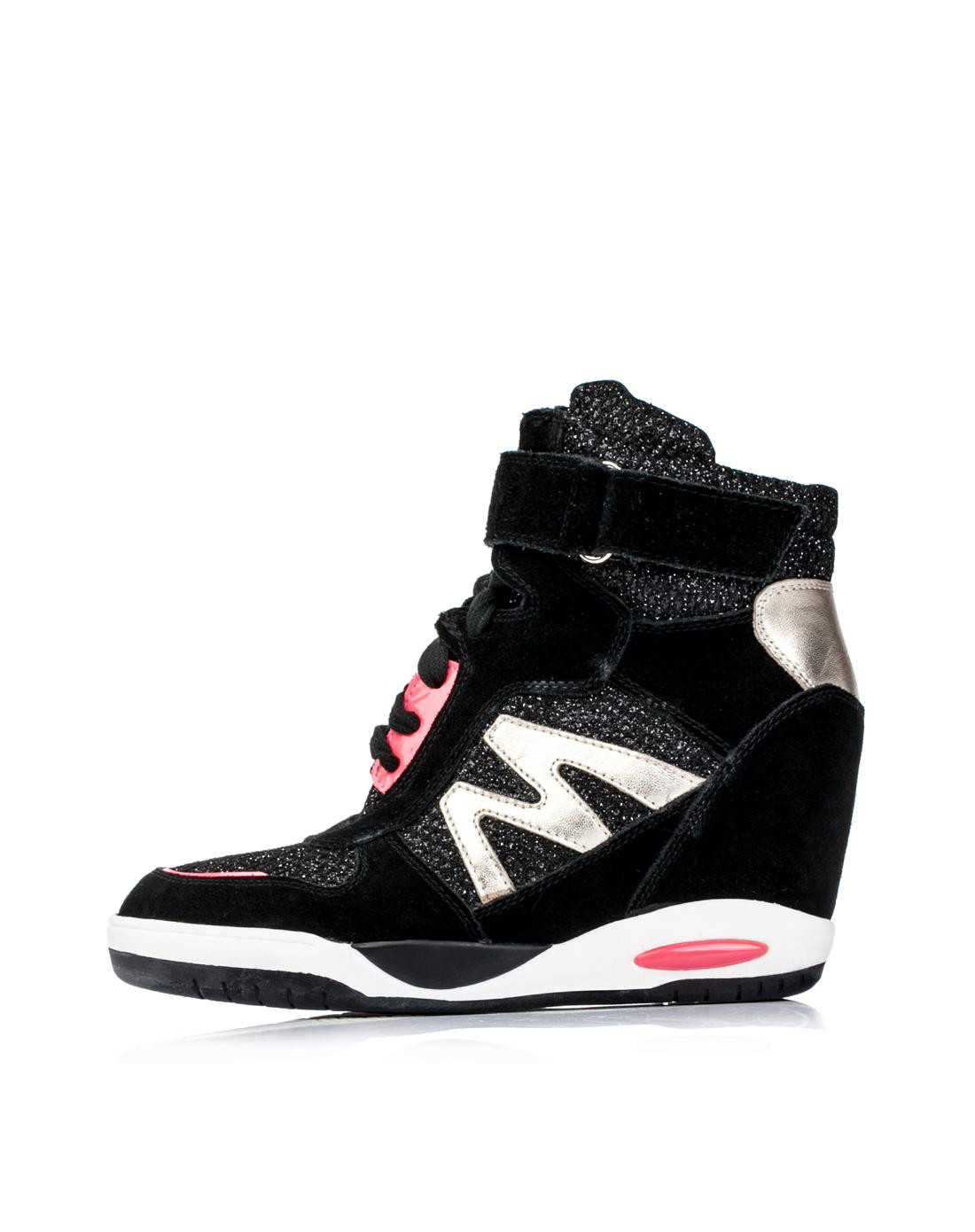 天美意teenmix男女鞋黑\/浅金色二层牛皮\/织物\/