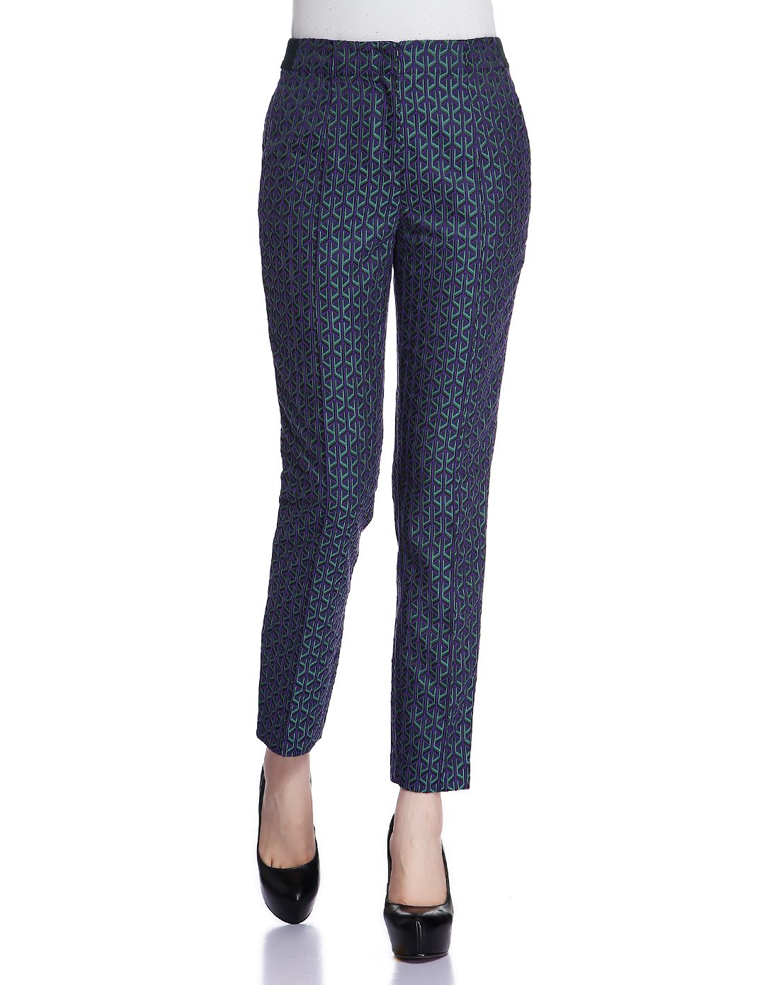 co紫/绿色几何提花长裤x14g512710_唯品会