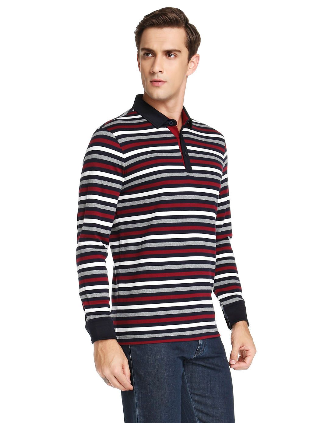 尼诺里拉ninoriva红/多色进口长绒棉条纹拼接针织t恤nh