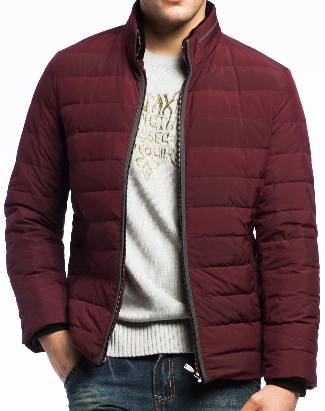 男款酒红色织格保暖立领羽绒服