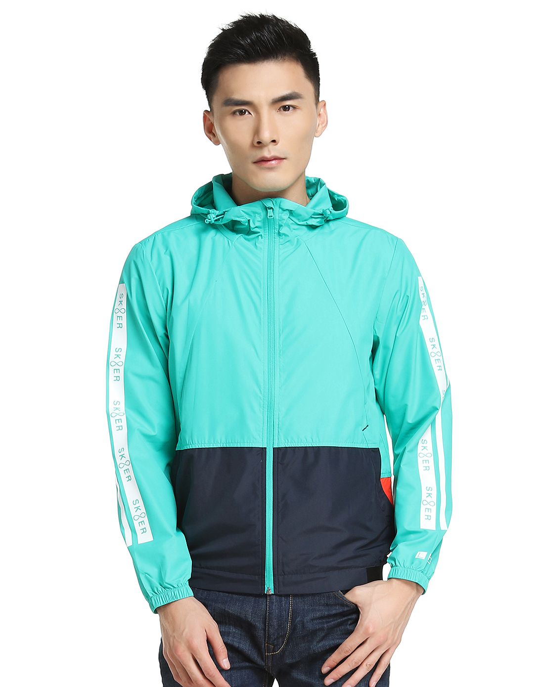拼色防泼水 男款冰瓷绿配黑色连帽长袖外套 lng型自首尔系列