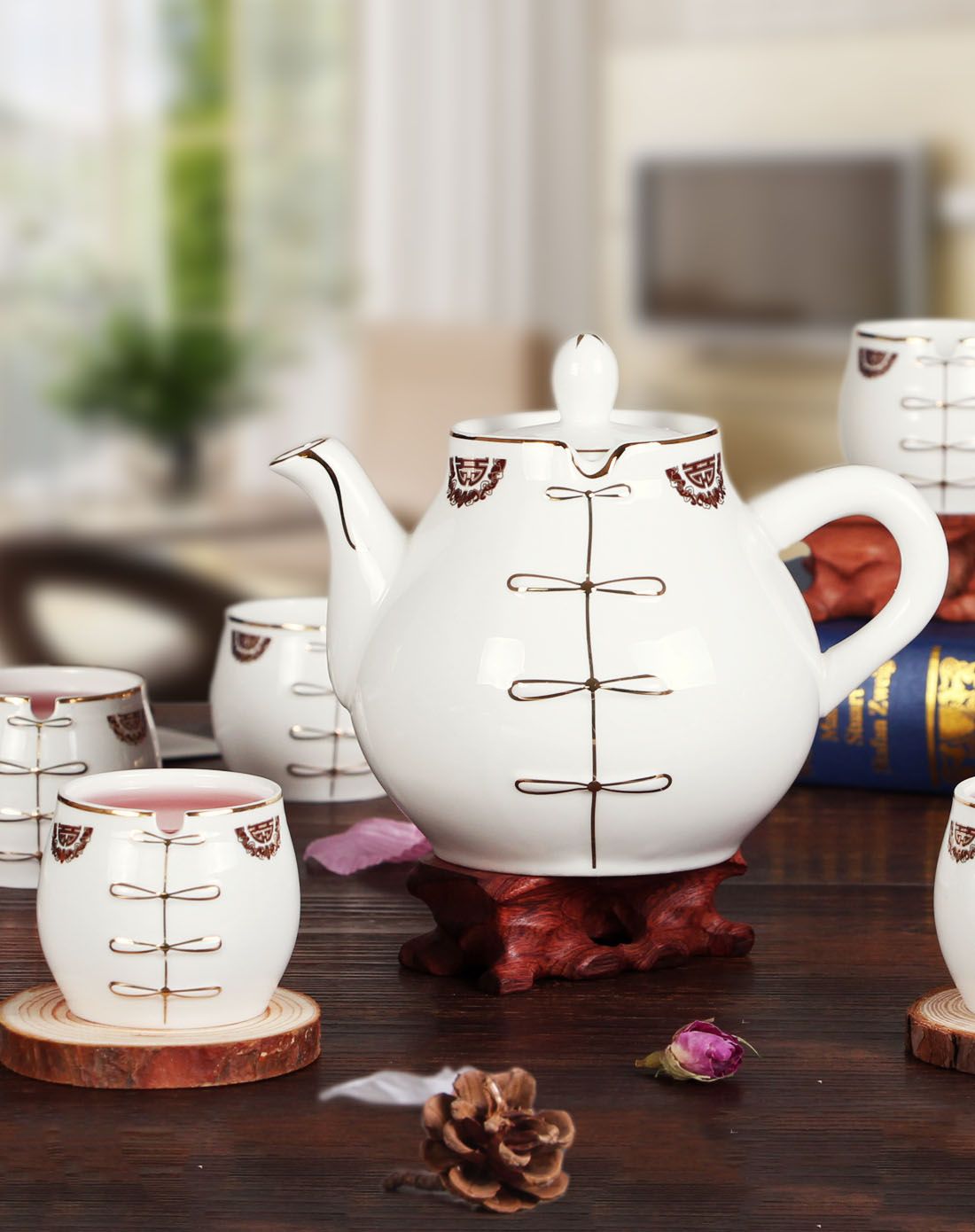 雅诚德 中国风唐装茶具9件套(一壶八杯)-复古金