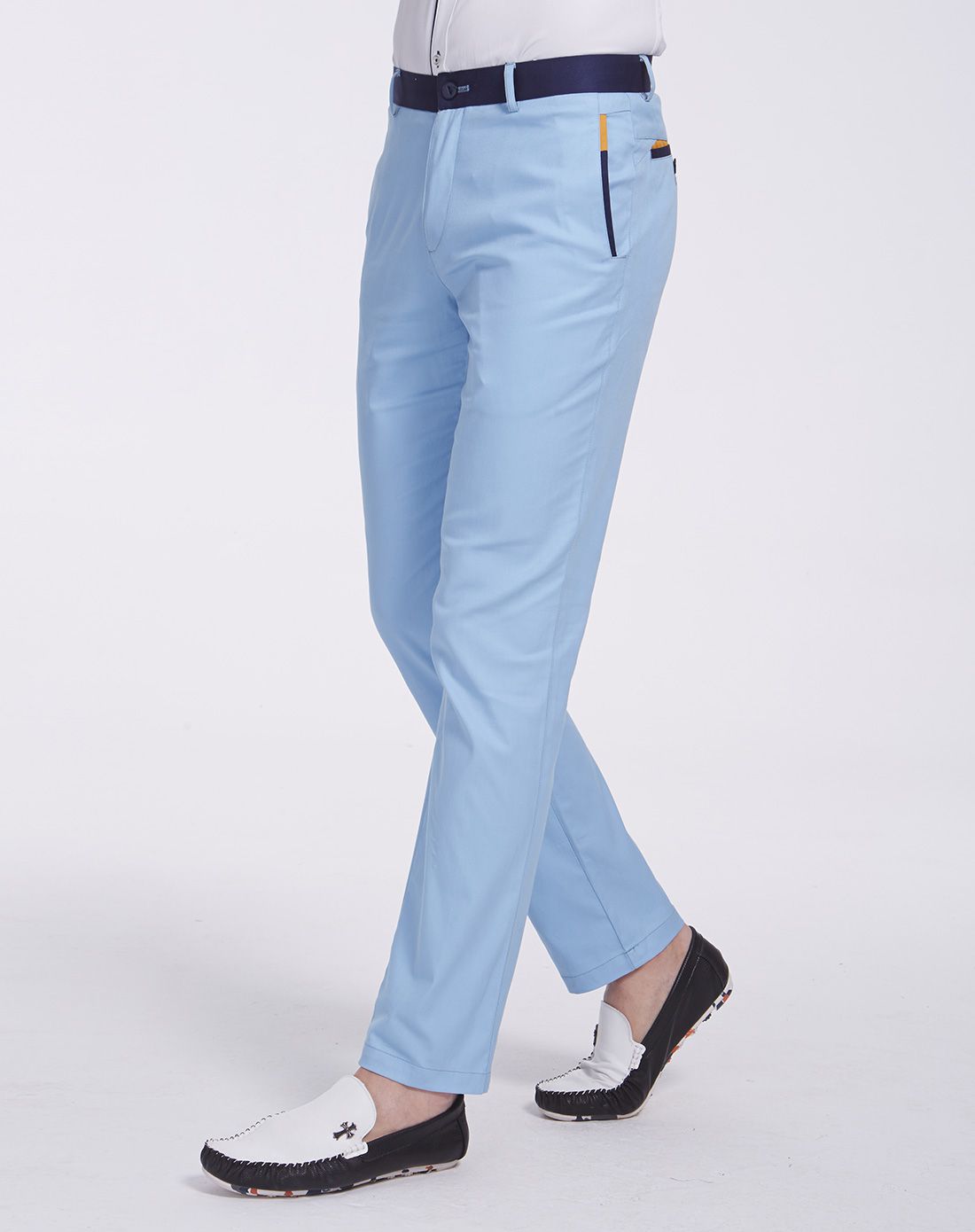 男士天蓝色拼净色腰头休闲裤