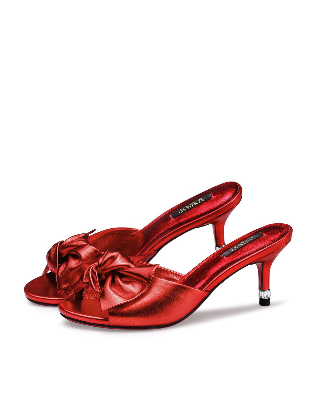 2016夏季新款 红色金属胎牛皮欧美蝴蝶结细高跟凉拖