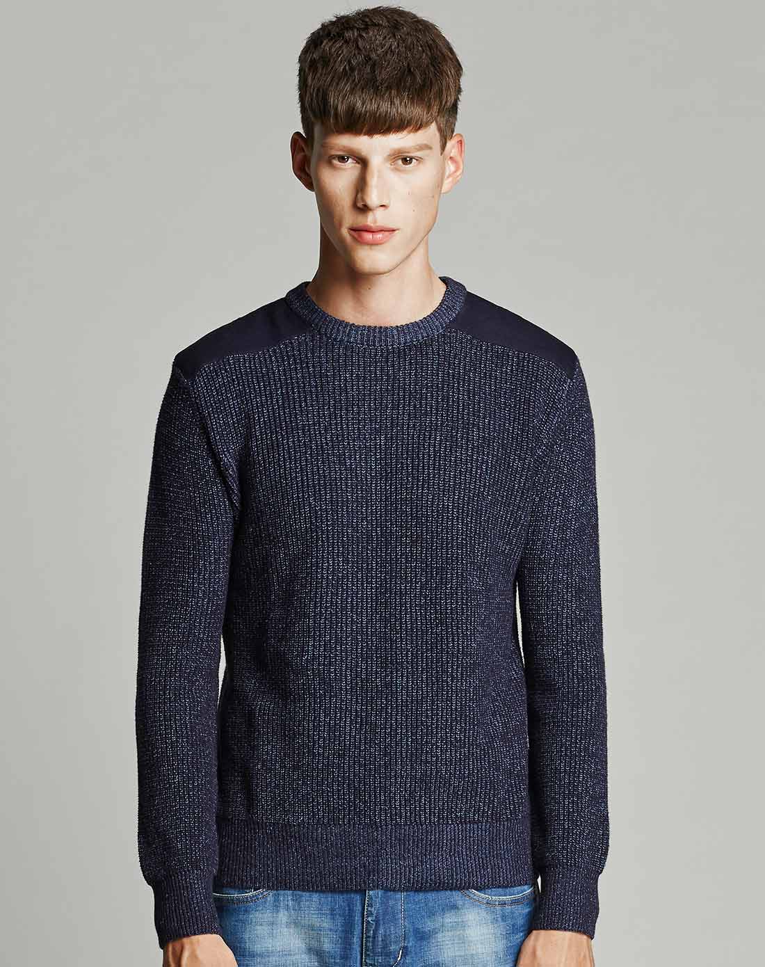 深蓝灰色纯棉柔软贴布舒适毛衣