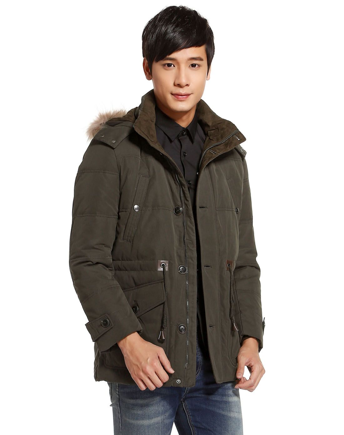 男款深茶褐色潮流中长款长袖羽绒服