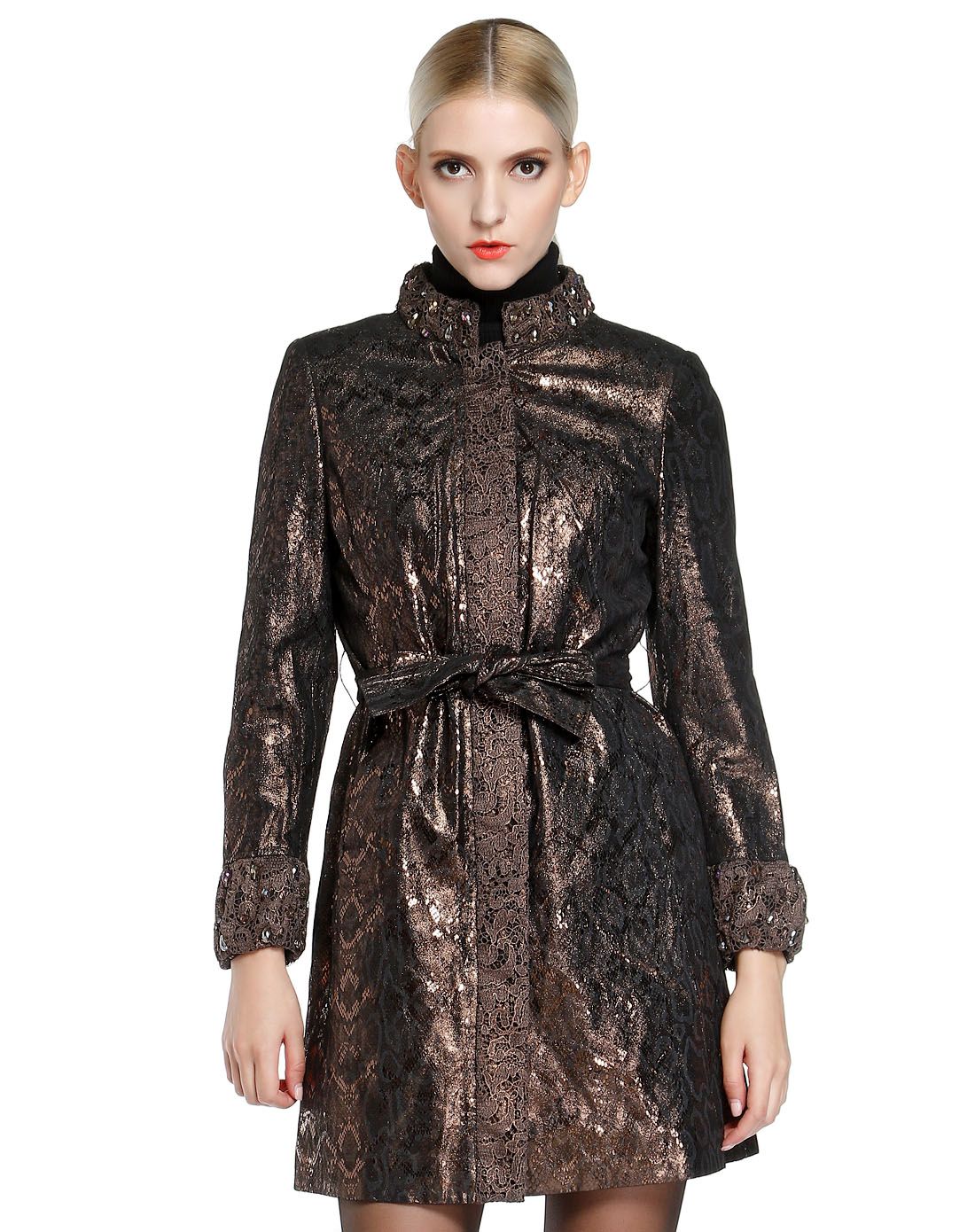 马天奴&阿丹娜女装阿丹娜黑/金色立领潮流长款长袖皮衣lba0892101-915