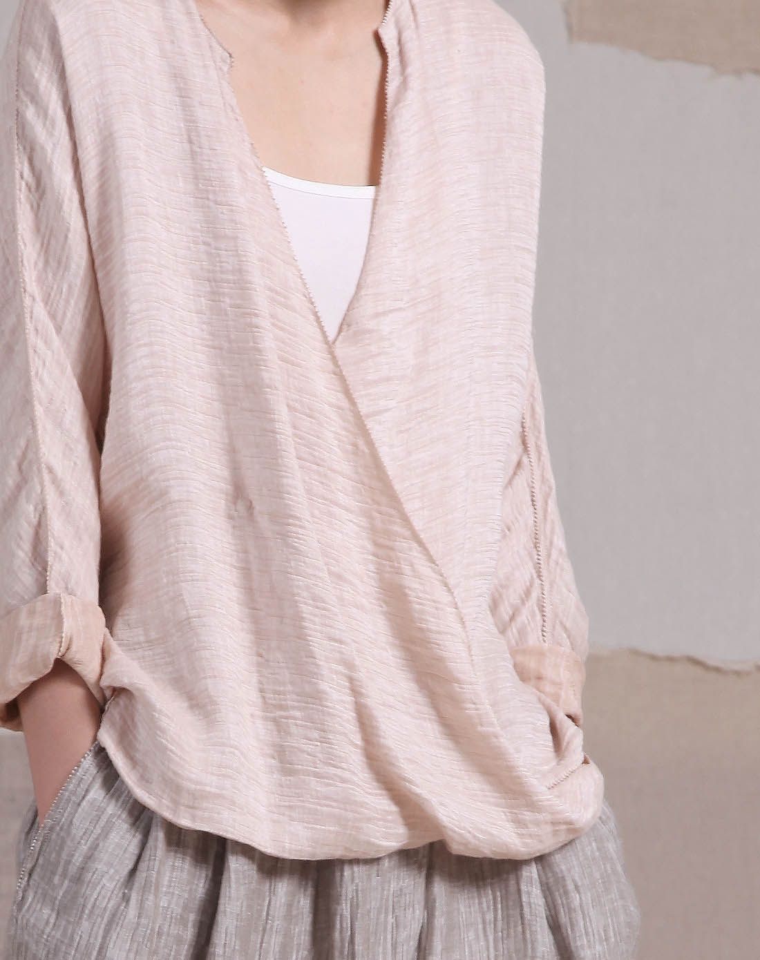 言茶yencha女装专场 yencha言茶丝麻混纺连肩袖斜开襟上衣