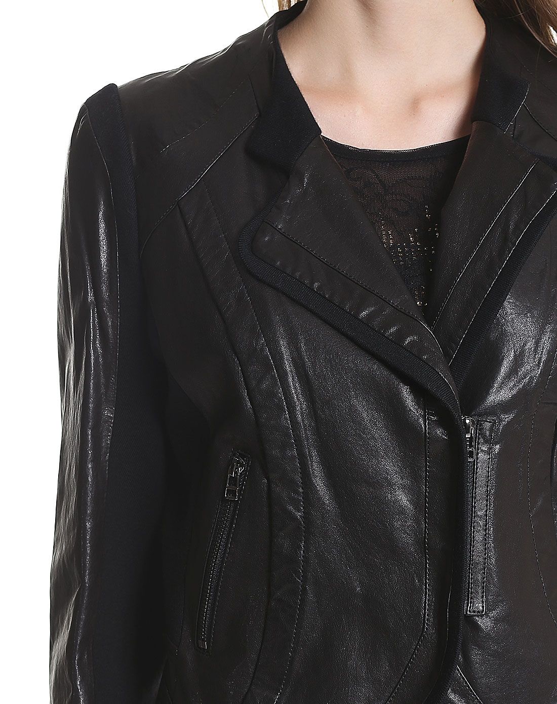 最后约惠-宠爱一家专场黑色拼布短款长袖皮衣2d007880_唯品会