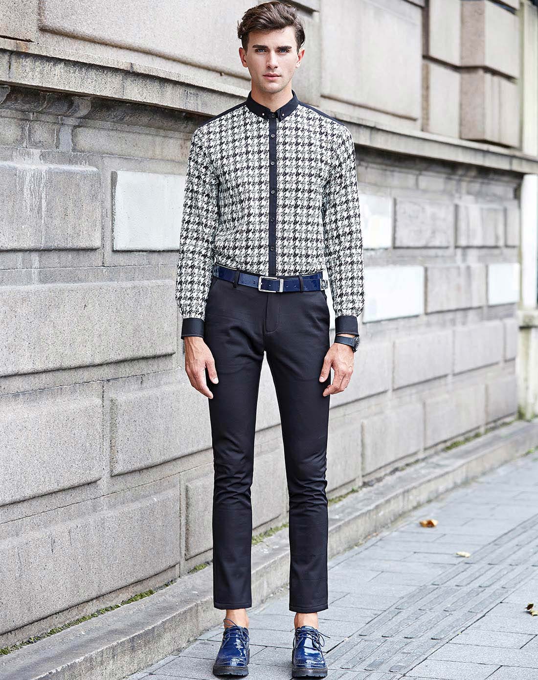 奢步士sourepose男装移动端专场男款黑千鸟格长袖衬衫5hc103b_唯品会