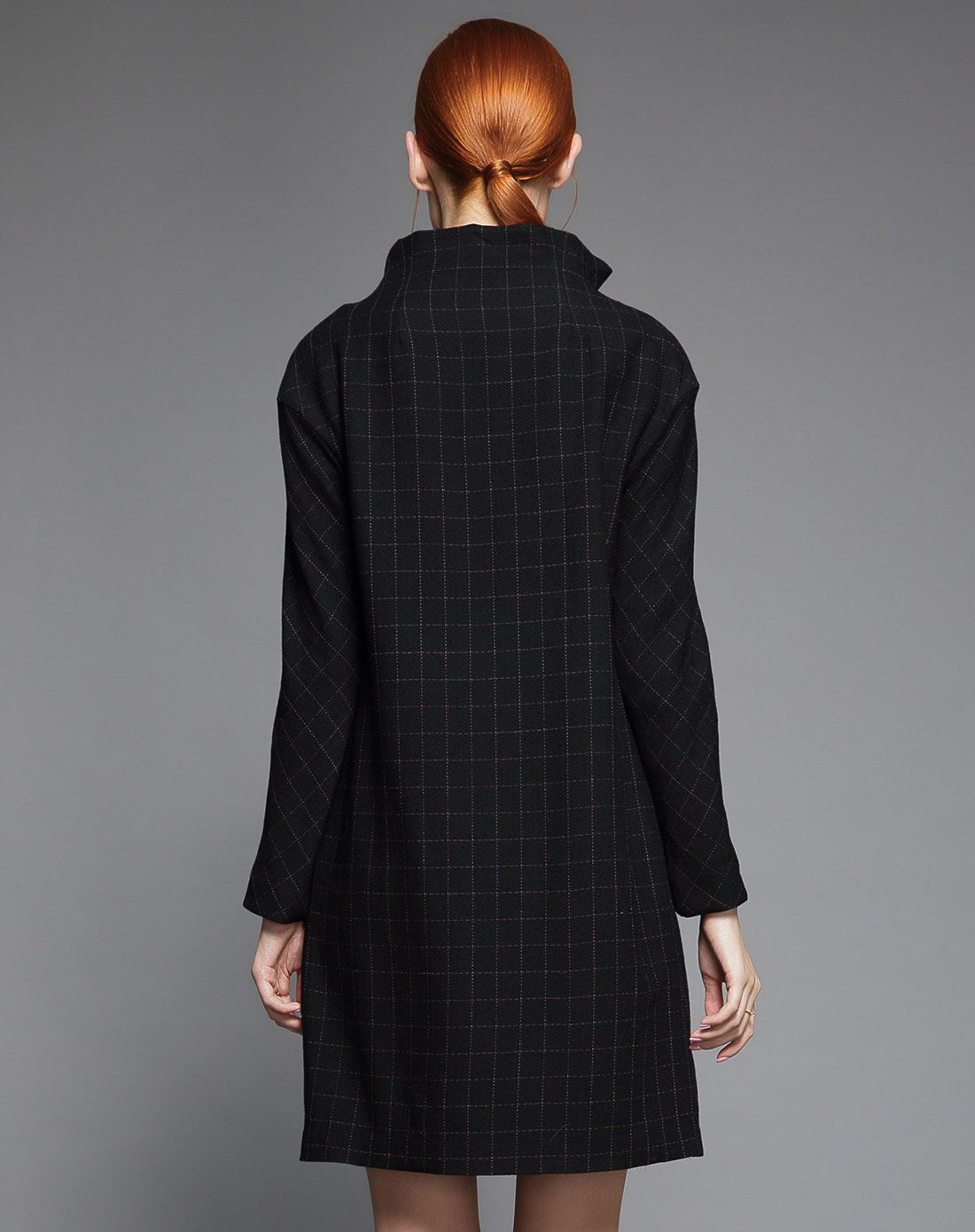 黑色肌理纹格子小a廓形个性连衣裙
