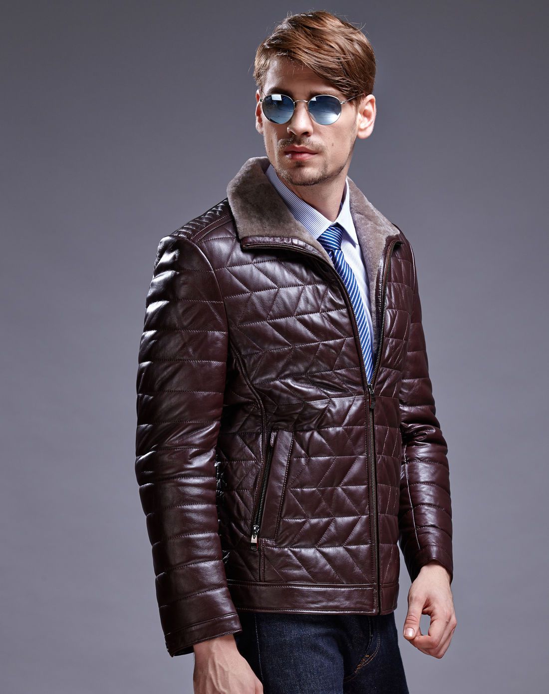 男款紫红色羊毛领绵羊皮夹棉皮衣