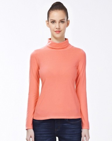 虾粉红色莫代尔棉纯色高领长袖t恤