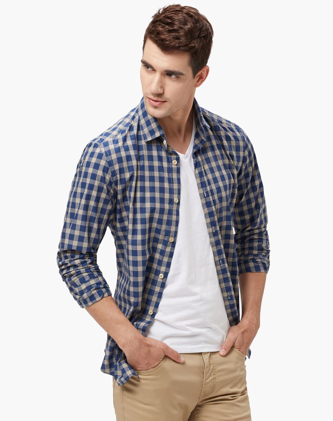 男蓝黄格舒适柔软长袖衬衫