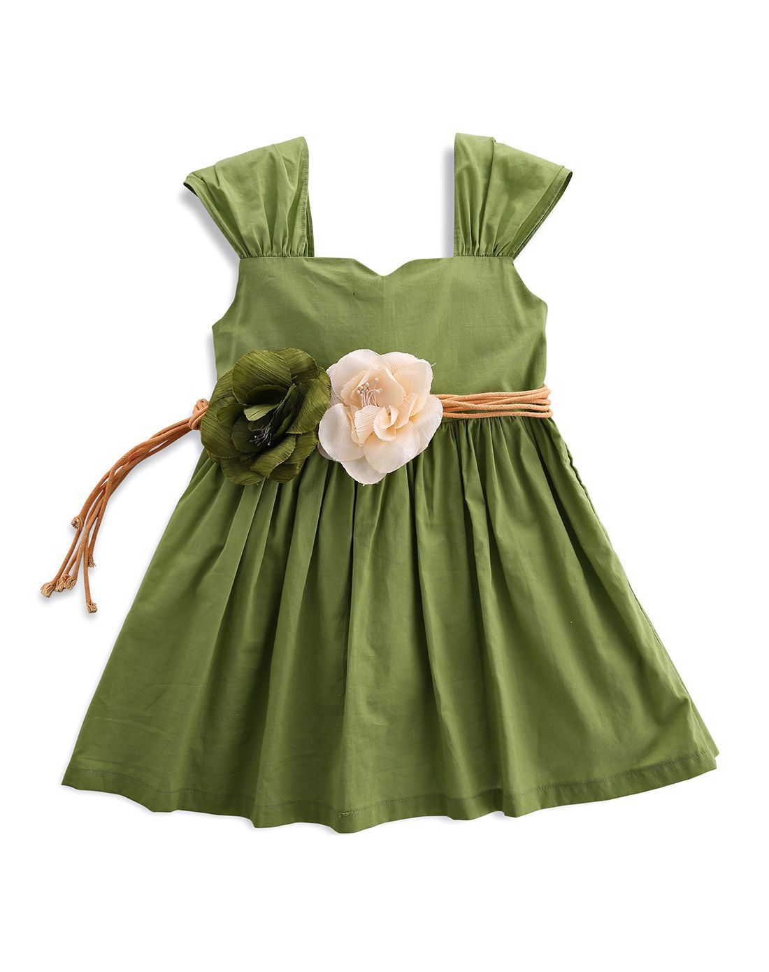 女童绿色腰带花朵连衣裙