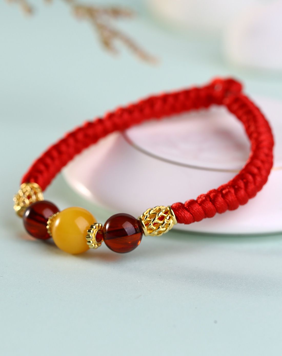 昊天琥珀 招财转运蜜蜡红绳手串附证书