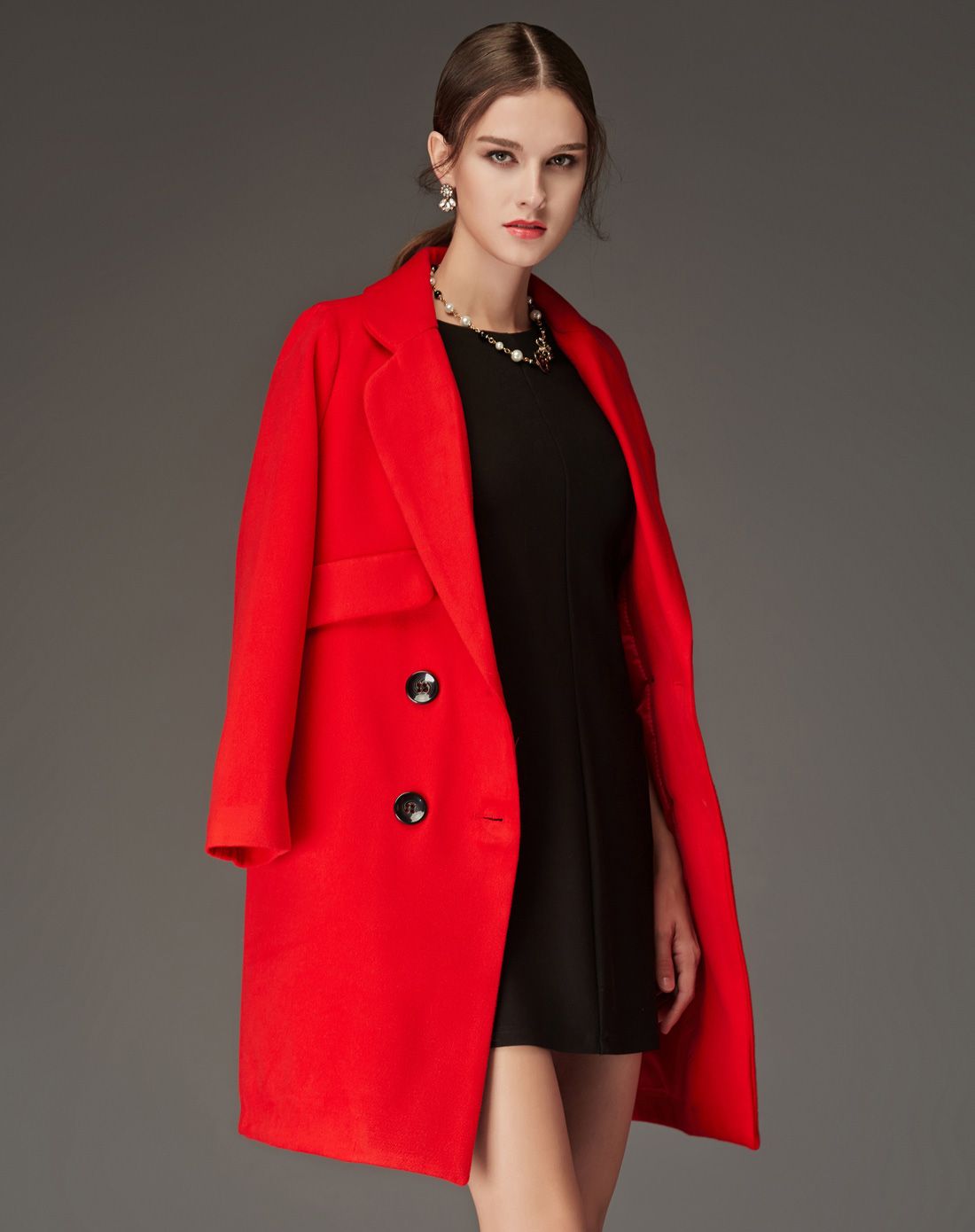 红色双排扣欧美范中长款呢大衣
