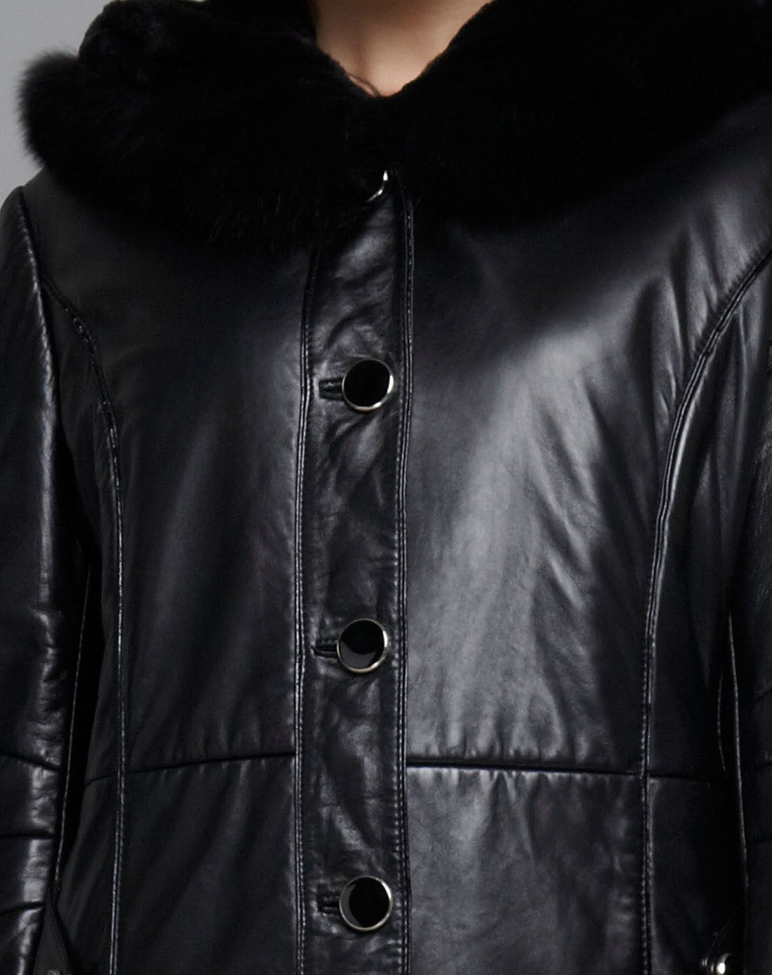 黑色绵羊皮带帽领长款皮棉