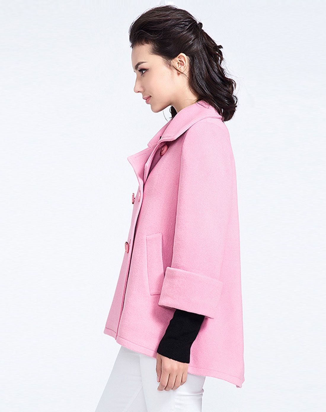 女玫粉色纯色简约宽松毛呢大衣