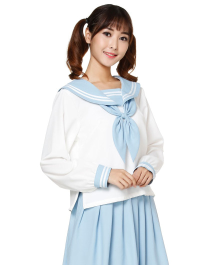 白/浅蓝色时尚长袖水手服上衣