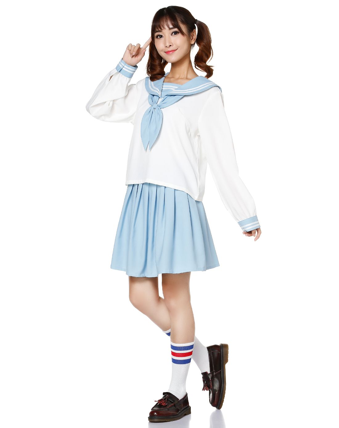 白/浅蓝色时尚长袖水手服上衣