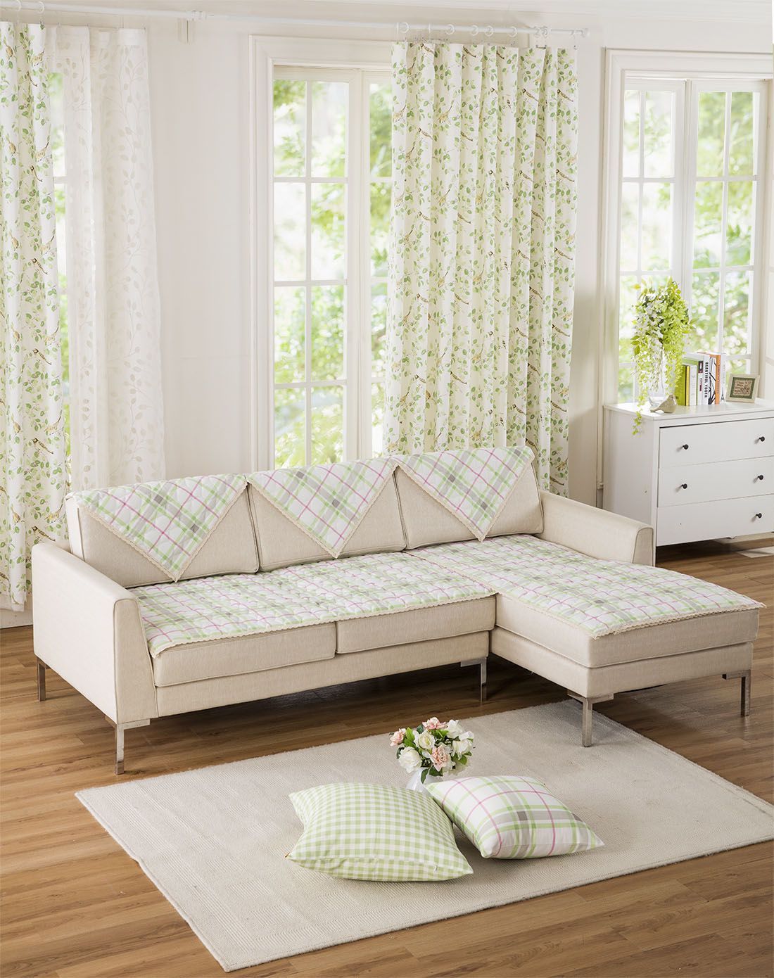 英式田园布艺加厚衍缝沙发坐垫 柳莺-优雅大格70*180cm