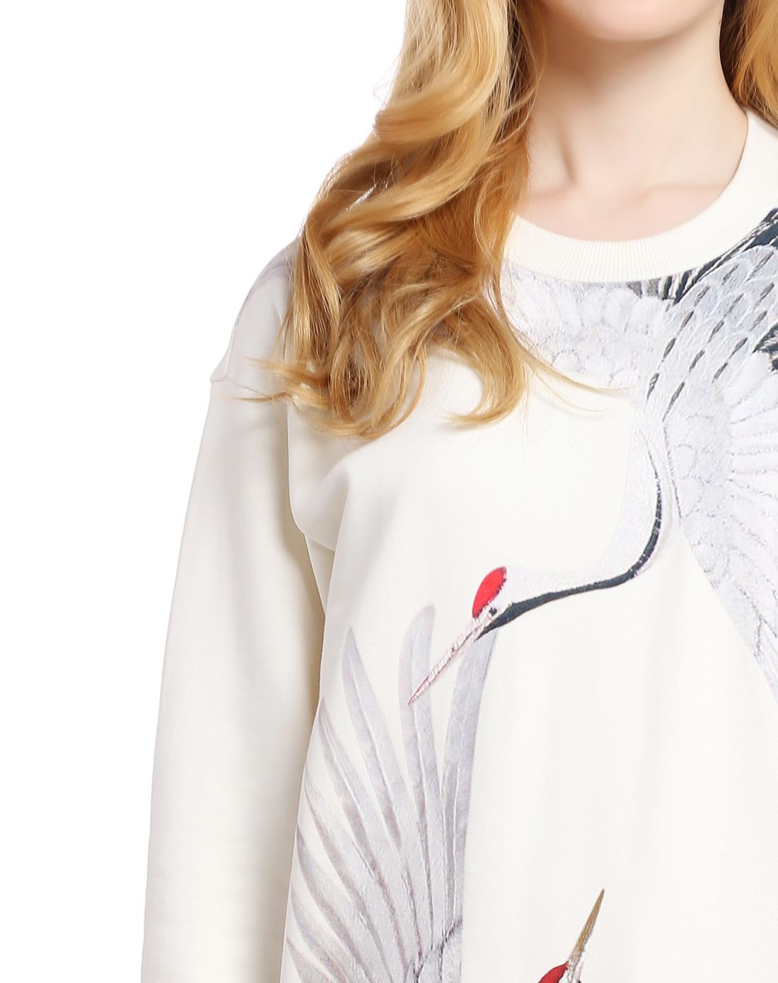 edition mo & co.女款米白色仙鹤印花抓绒里衬套头卫衣