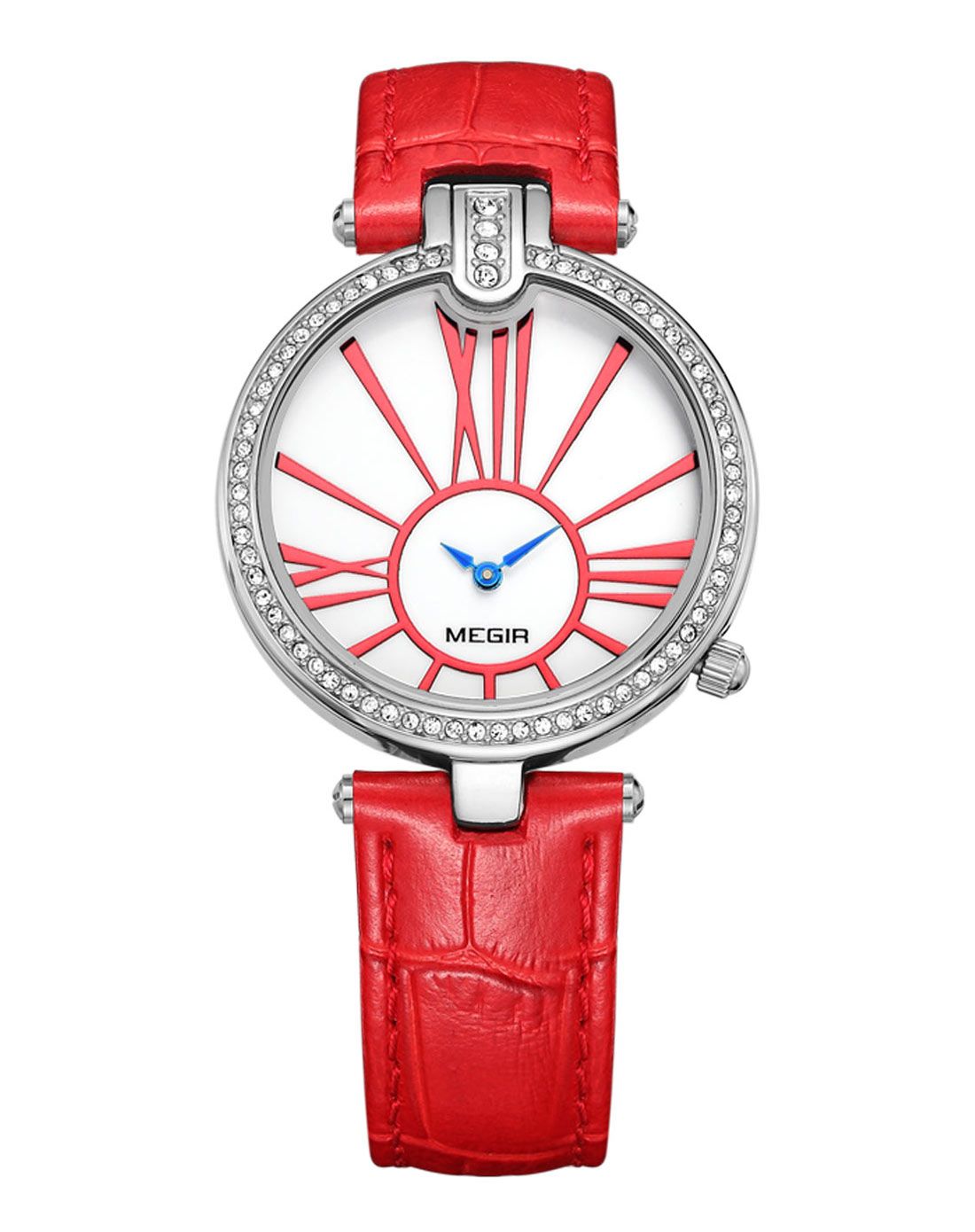 白面红印镶钻潮流女士红带石英表