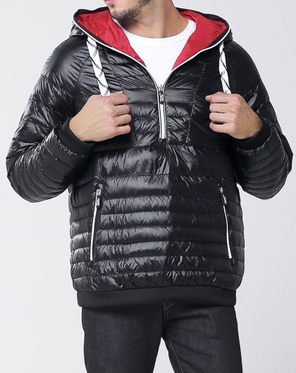 男士黑色短款时尚连帽头套式运动羽绒服