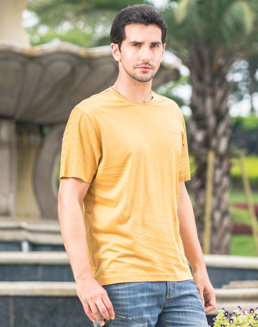 丝光棉面料 男款土黄领素色短t