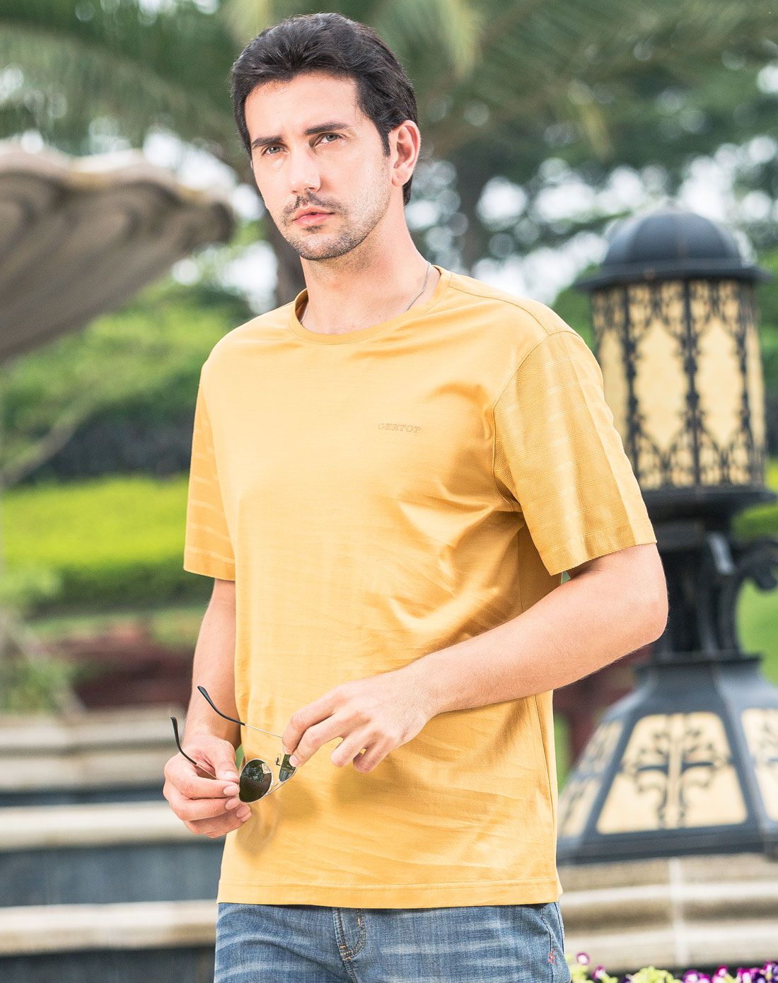 丝光棉面料 男款土黄领素色短t
