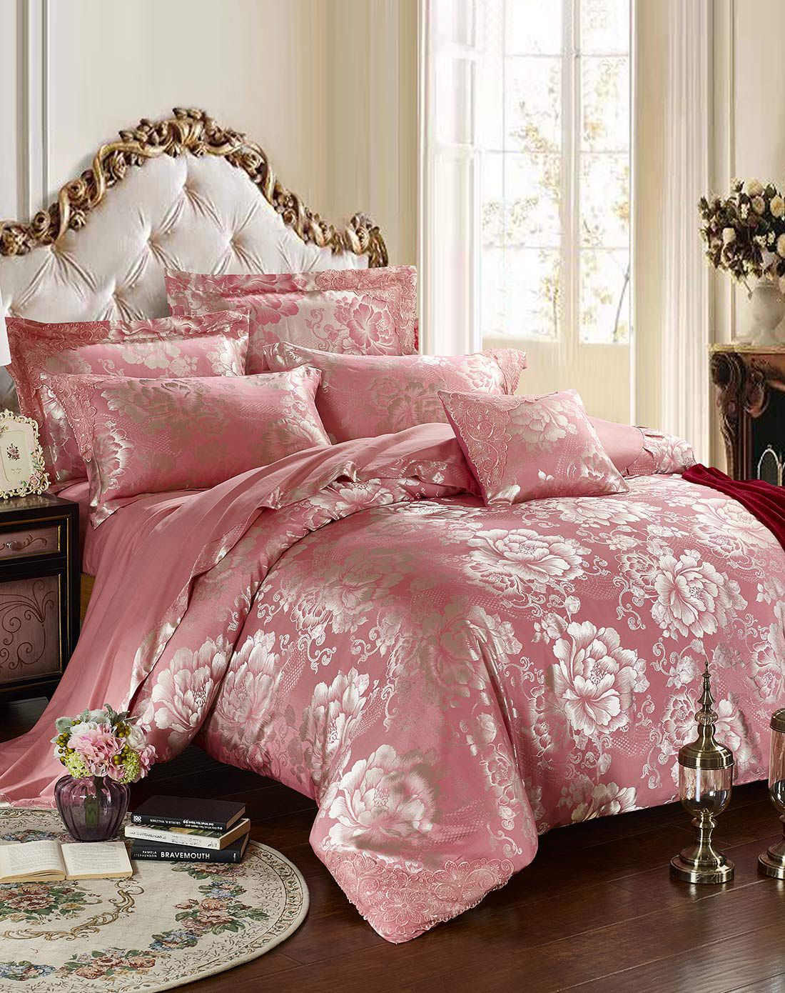 200*230紫罗兰家纺天丝莫代尔提花四件套-倾城之恋(金粉)