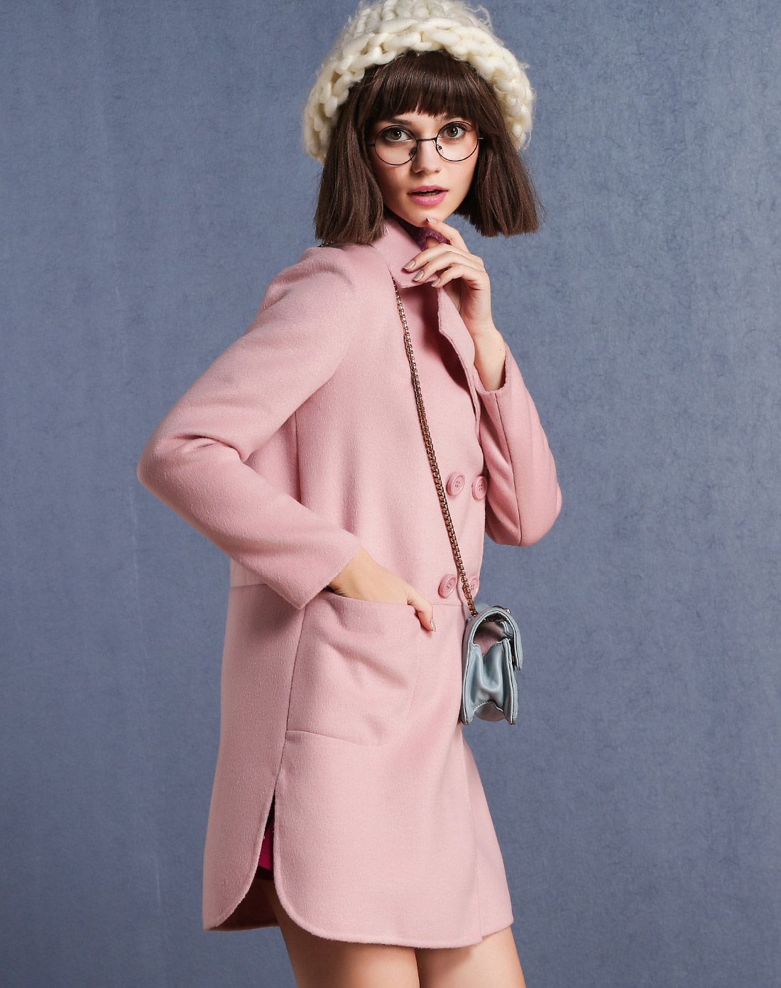 藕粉色长袖中长款气质双面呢外套