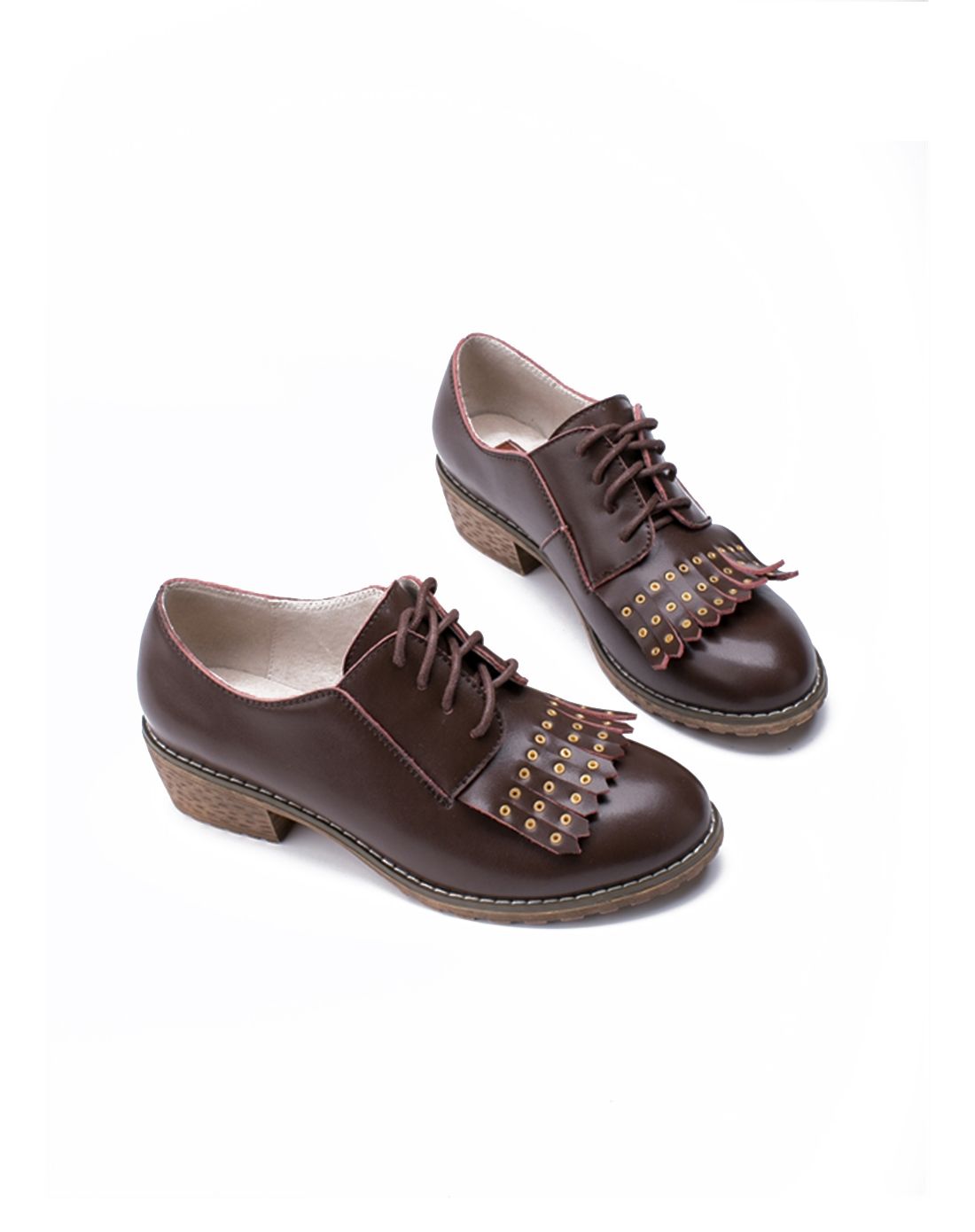 2016年女款棕色全真皮牛皮粗跟橡胶底牛津鞋