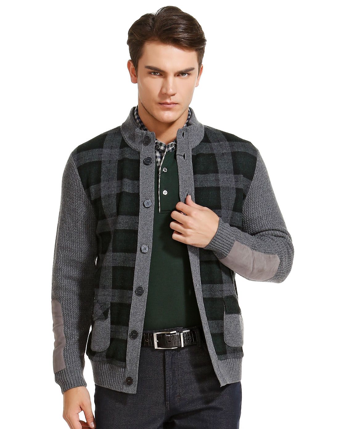 巴赛诺boscero男装专场 墨绿/深灰色纯羊毛儒雅斯文针织外套