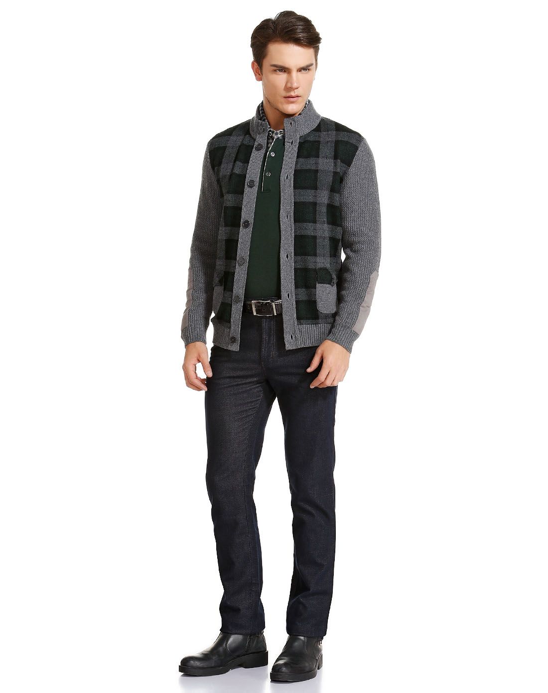 巴赛诺boscero男装专场 墨绿/深灰色纯羊毛儒雅斯文针织外套