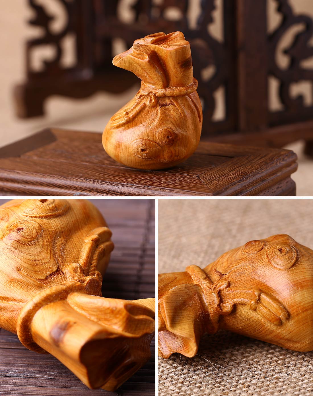 精雕崖柏手把件(钱袋)