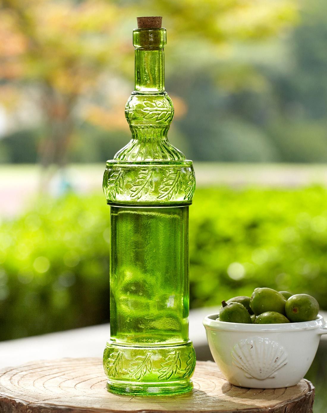 【西班牙进口】800ml环保玻璃立体雕刻木塞油瓶-绿色a款