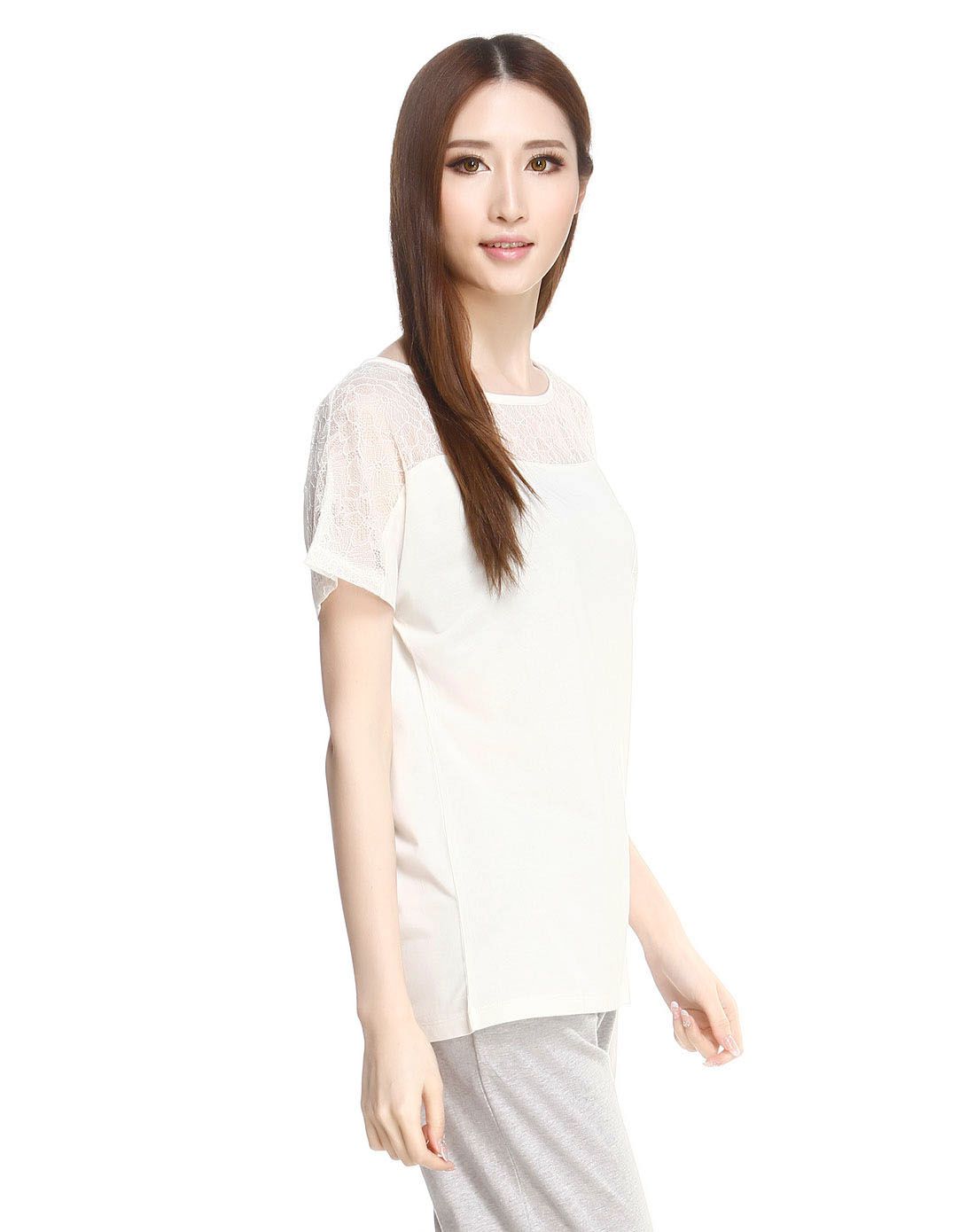 女款浅米白色圆领蕾丝拼接短袖t恤