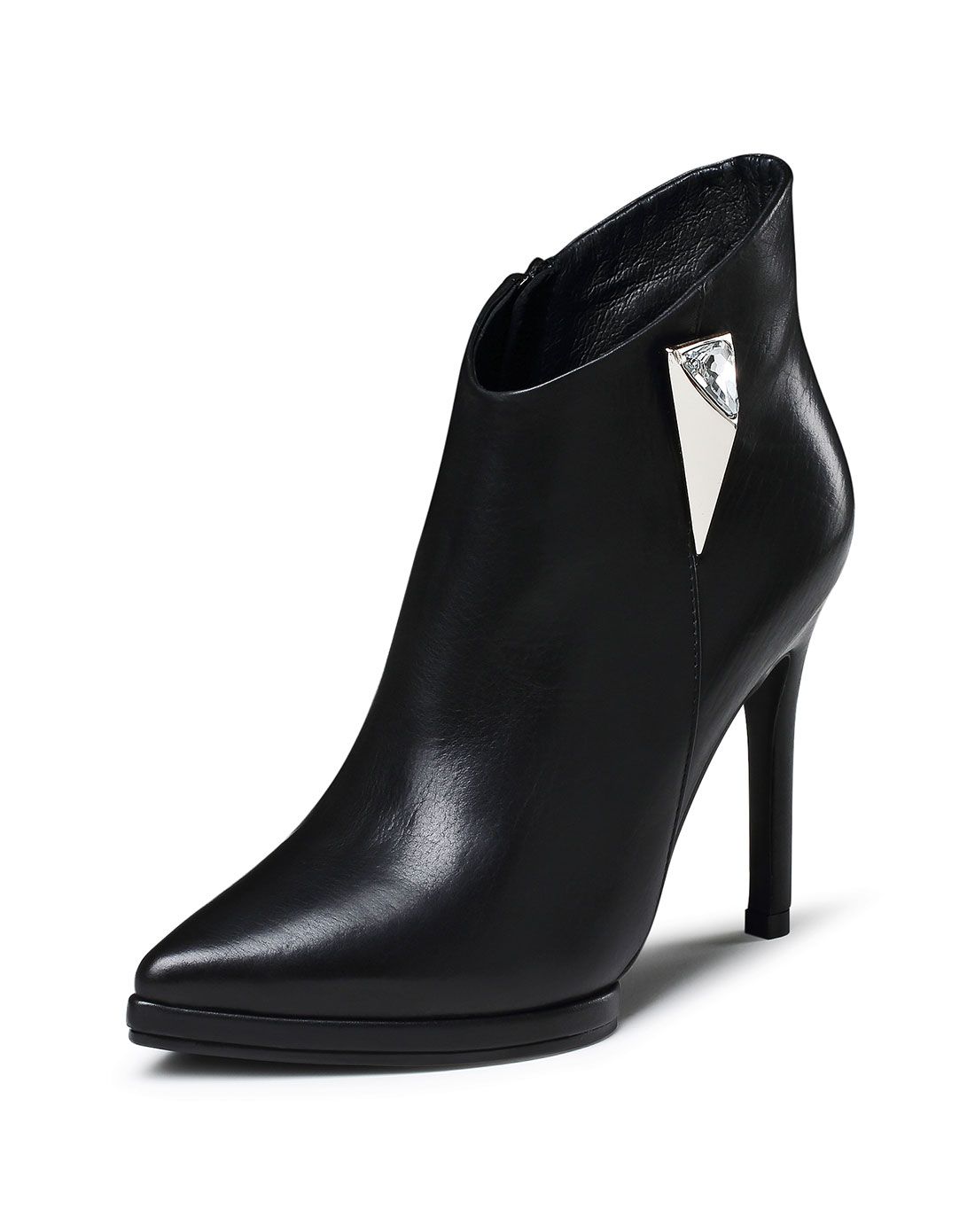 新款黑色牛皮深口高跟短靴