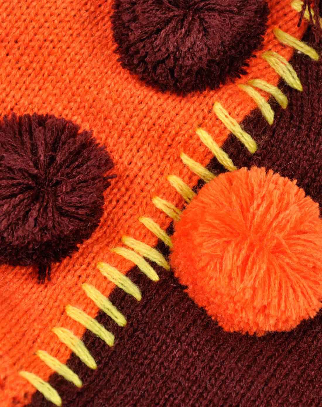 女童橘色大绒球双色帽子围巾一体套装