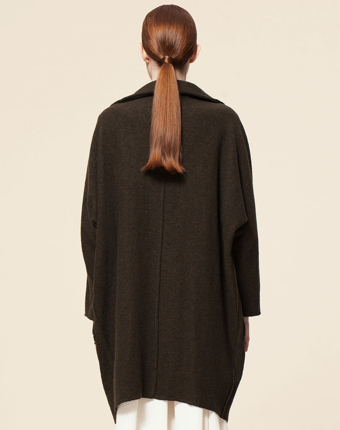 绿咖色纯羊毛茧型薄毛呢外套