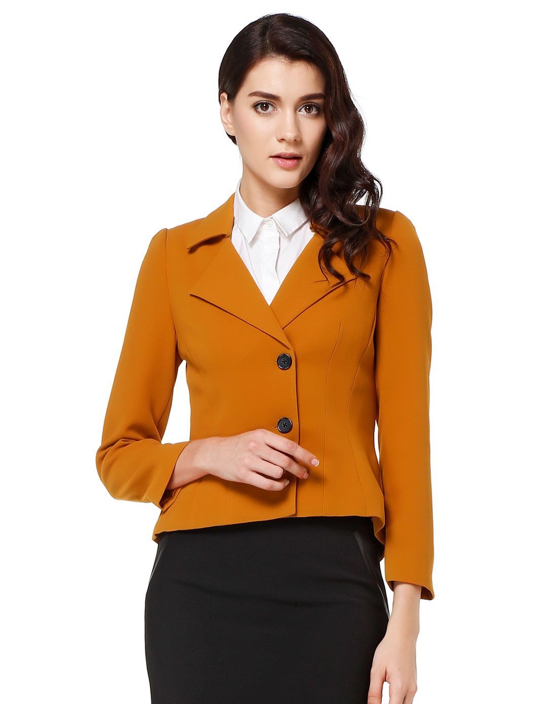 深橘黄色简约修身长袖薄外套