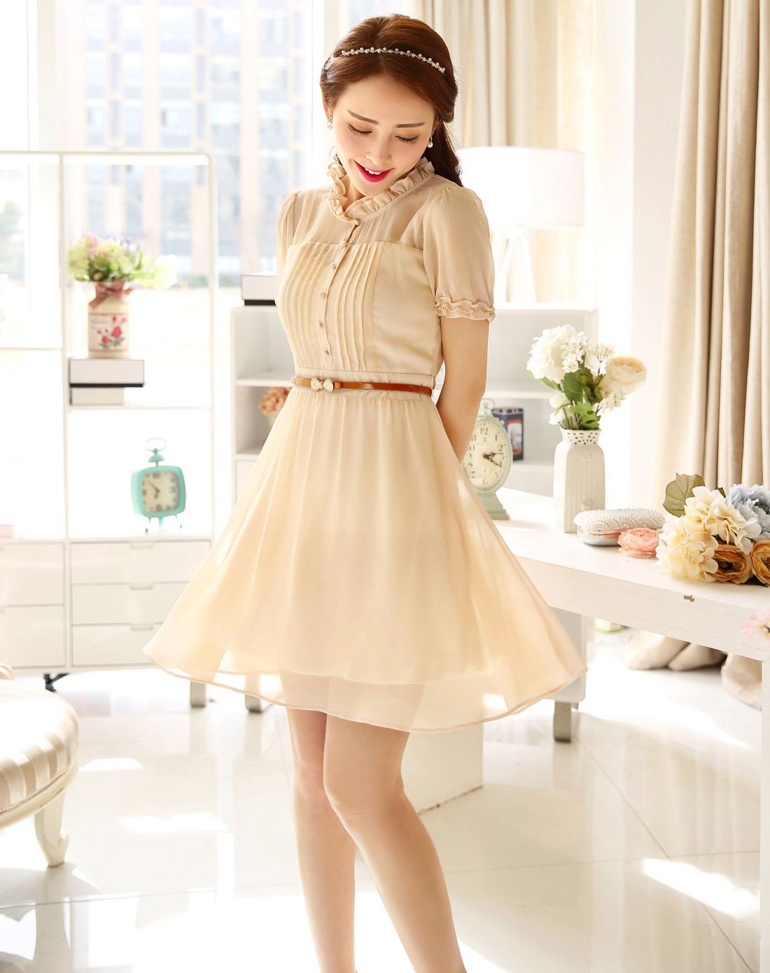 裸色 短袖雪纺连衣裙